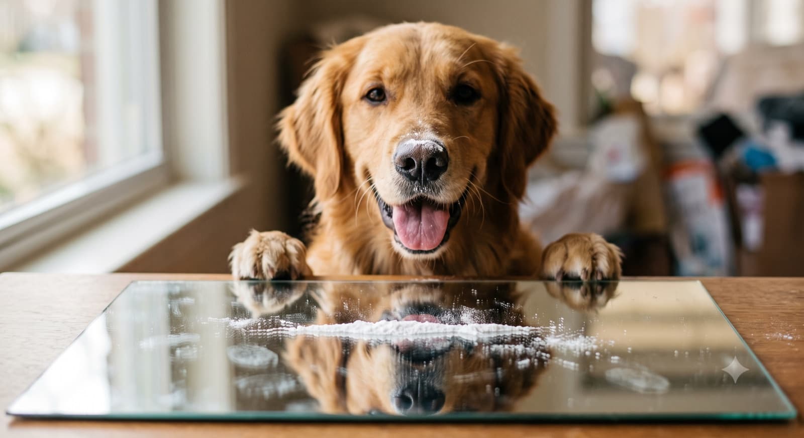 A grinning golden retriever at a table with a fresh scoop of Snoot Snow daily powder