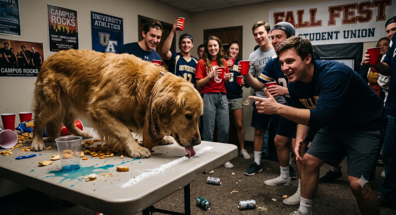 A golden retriever going wild for a scoop of Snoot Snow at a packed campus party