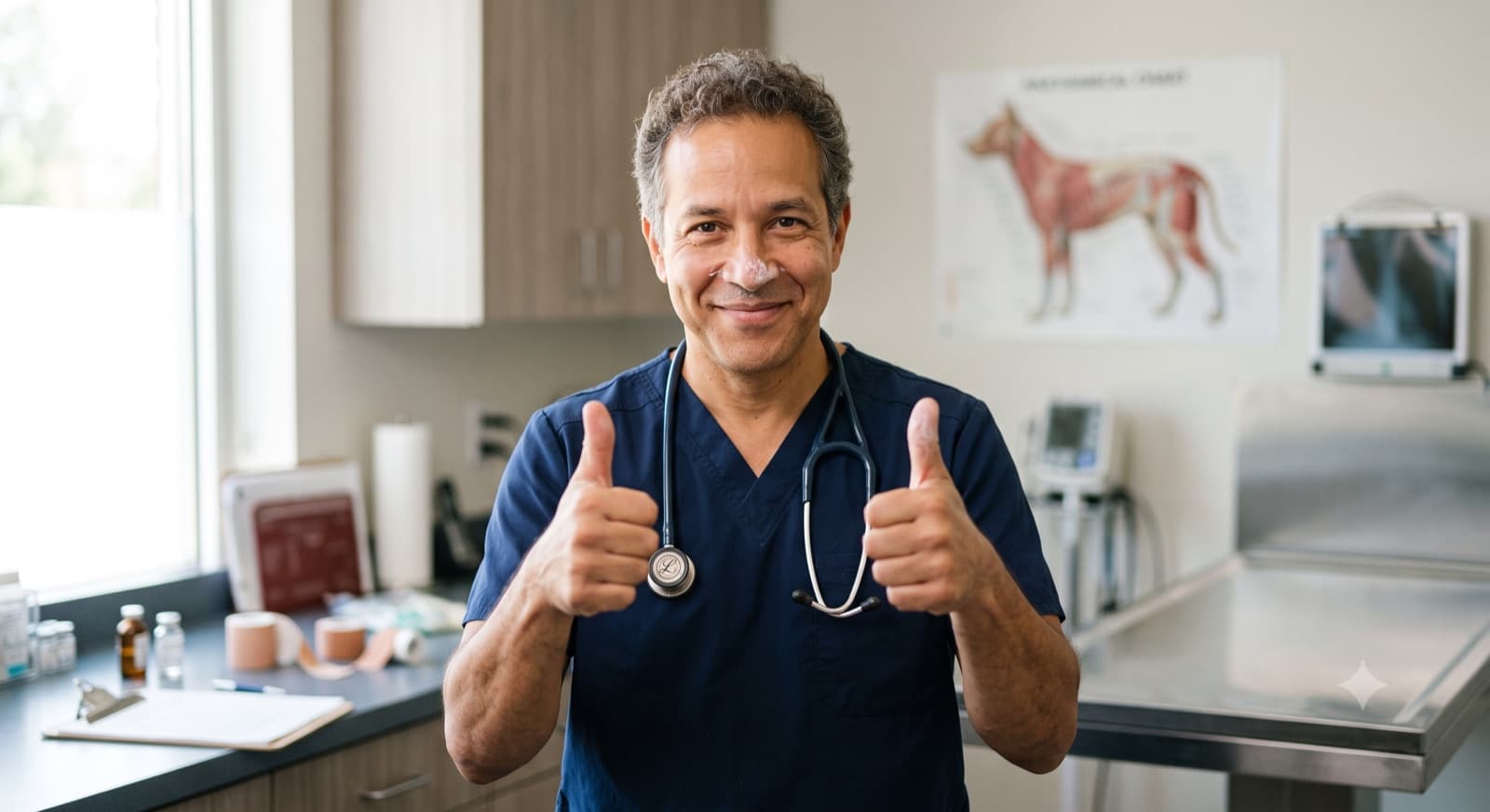 A smiling veterinarian giving two thumbs up beside a canine anatomy chart