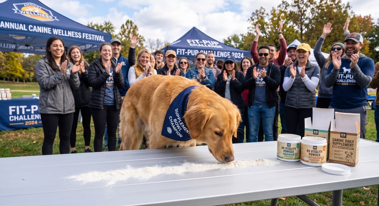 Snoot Snow crowned Supplement Champion at the annual Canine Wellness Festival, a crowd cheering the dog on